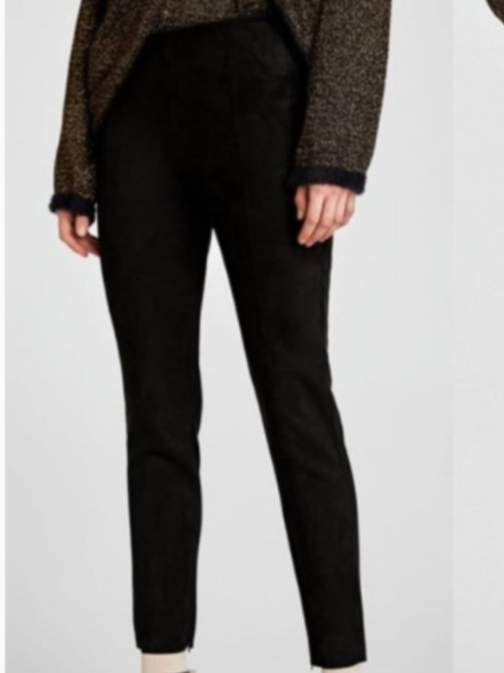 ZARA BASIC Faux Suede Ankle Zip Pants Black Size S NWT